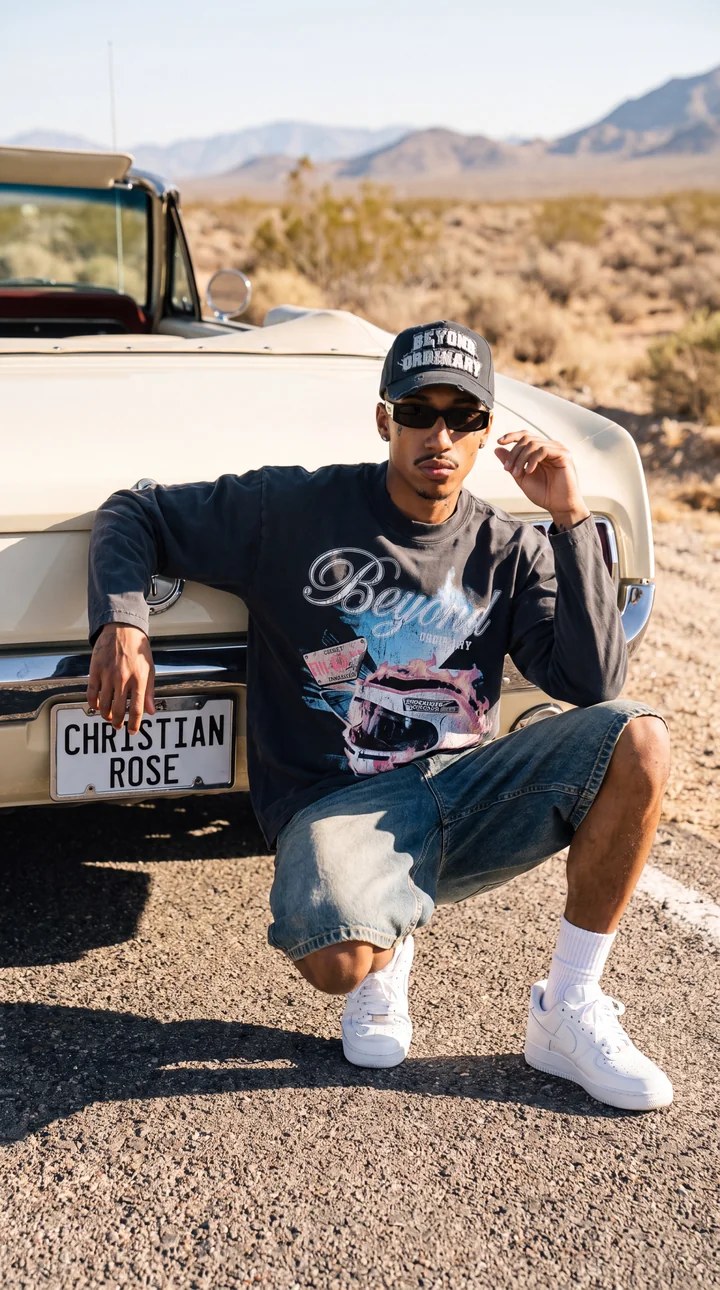 A Christian Rose look beside a car on a desert highway