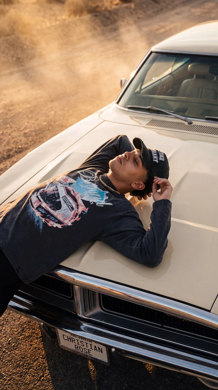 An overhead view of a model in the Christian Rose top on the bonnet of a cream car