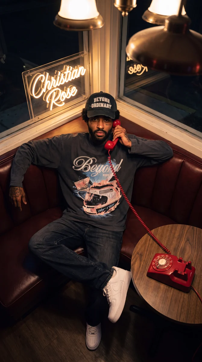 The cap and graphic top brought together in a constructed Christian Rose campaign: a model in a burgundy diner booth with amber lights and a red telephone