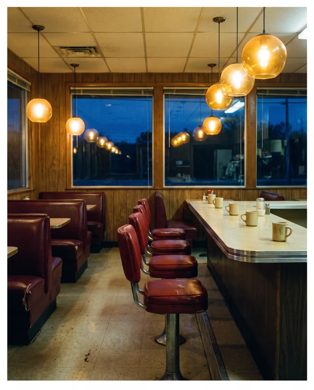 Newly generated inspiration reference of an empty diner with burgundy seating and amber globe lights
