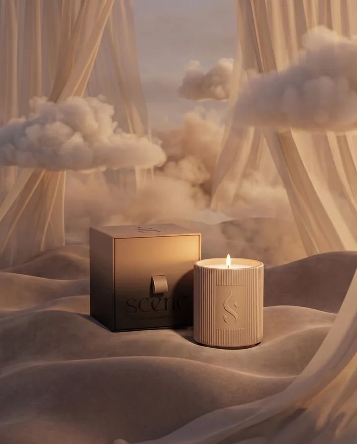 SCENE candle and packaging among cream fabric and soft clouds