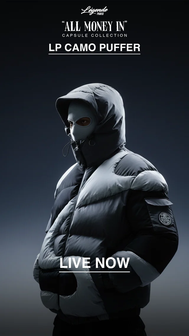 A dark Légende Paris puffer campaign with a masked model and launch typography