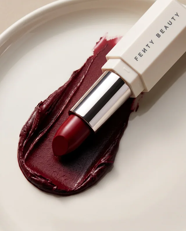 A Fenty Beauty lipstick cutting a deep burgundy pigment swatch