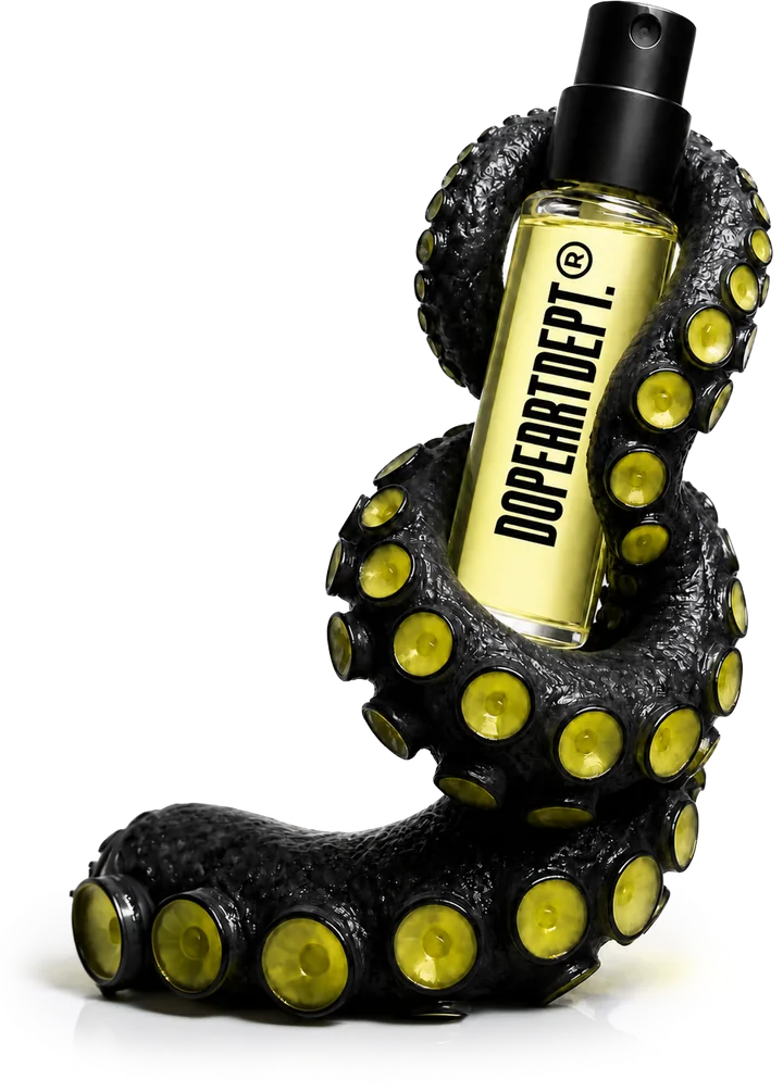 An imagined fragrance bottle held by a sculptural black tentacle