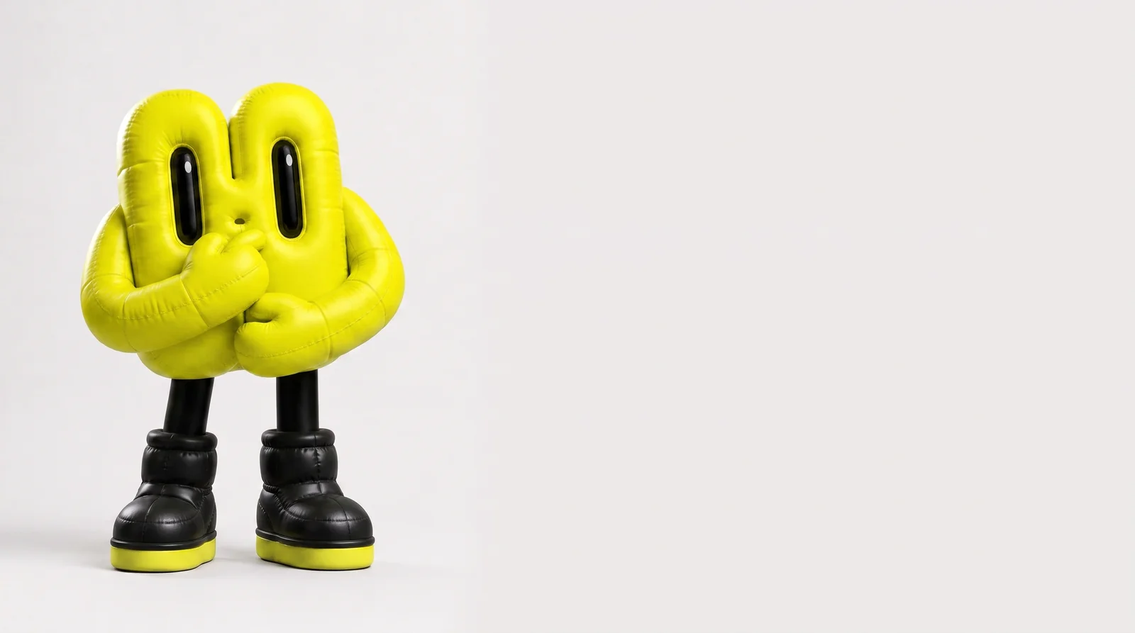 The yellow DOPEARTDEPT character standing with a hand to its chin